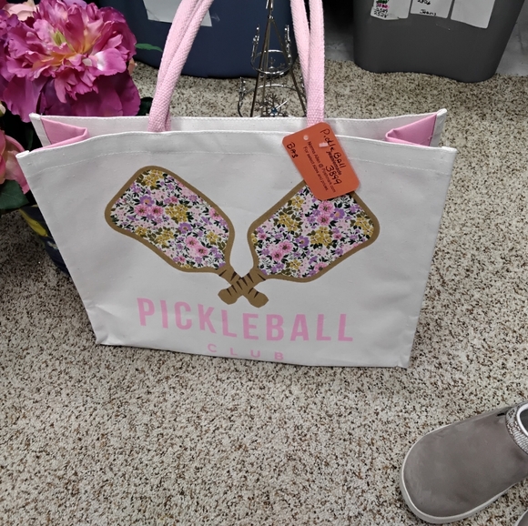 None Handbags - 3899 Large Pickleball Club Floral Paddle Tote Bag - Pink & White